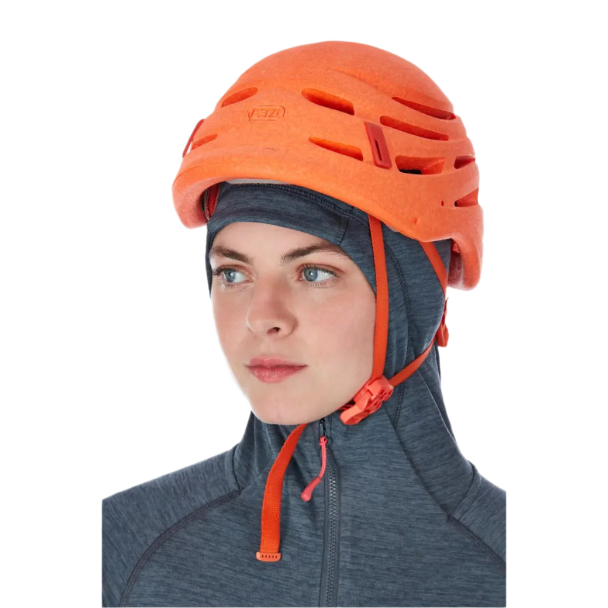 Rab Women's Nexus Jacket in Steel (Reference) - Collar Pulled Up with Helmet Worn