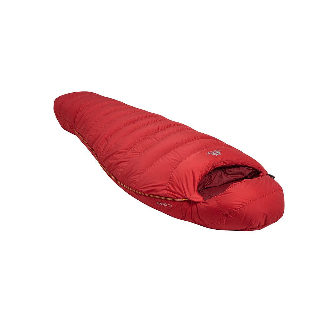 Mountain Equipment Glacier 700 Sleeping Bag in Imperial Red - full length view showing 699 g of 700+ fill power duck down and Mountain Fit construction