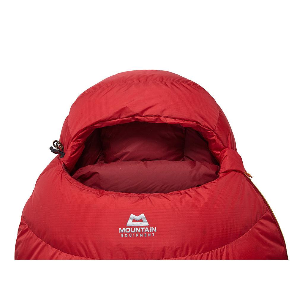 5-baffle hood with Lode Lock magnetic closure and collar drawcords detail on Mountain Equipment Glacier 700 Sleeping Bag in Imperial Red