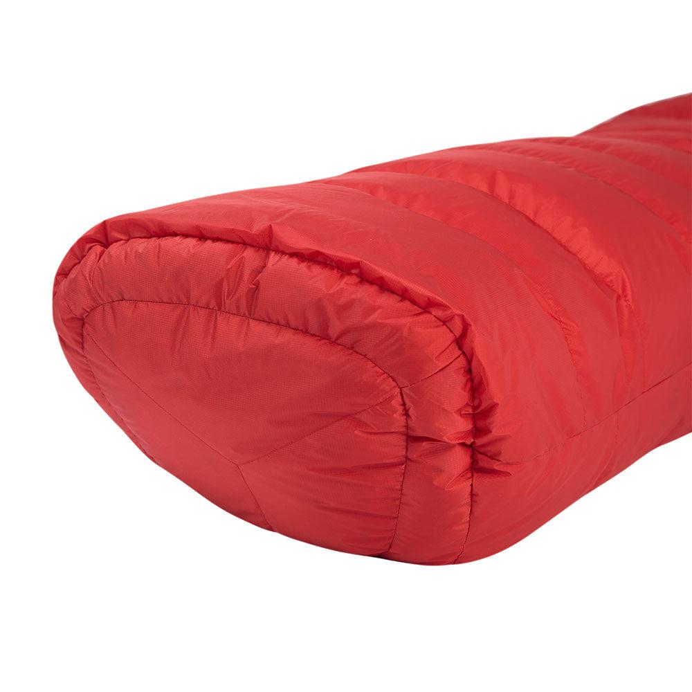 Full-length Gemini zip baffle detail on Mountain Equipment Glacier 700 Sleeping Bag in Imperial Red