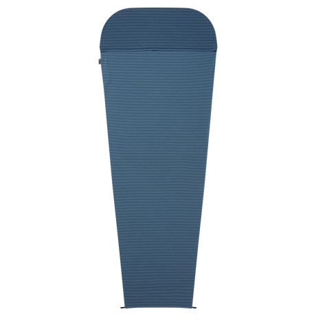 Mountain Equipment Groundup Mummy Sleeping Bag Liner in Denim Blue Stripe - front view showing drirelease Lyocell fabric and lightweight stretchy construction