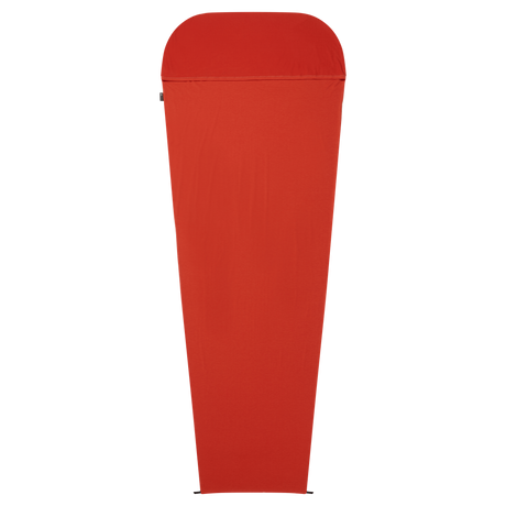 Mountain Equipment Groundup Mummy Sleeping Bag Liner in Paprika - front view showing drirelease Lyocell fabric and lightweight stretchy construction
