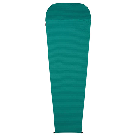 Mountain Equipment Groundup Mummy Sleeping Bag Liner in Spruce Stripe - front view showing drirelease Lyocell fabric and lightweight stretchy construction