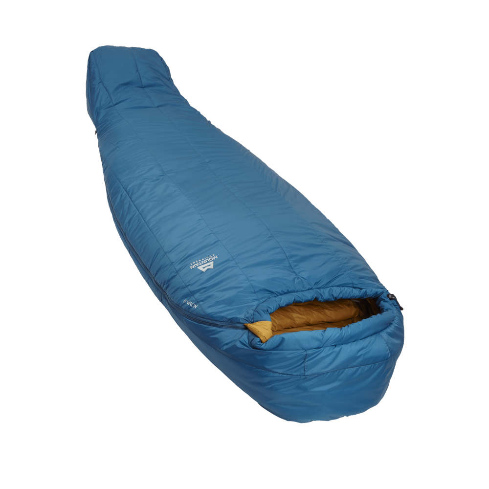 Mountain Equipment Nova III Women's Sleeping Bag in Ink/Pumpkin Spice - full length view showing spacious Mountain Fit and keystone shingle construction
