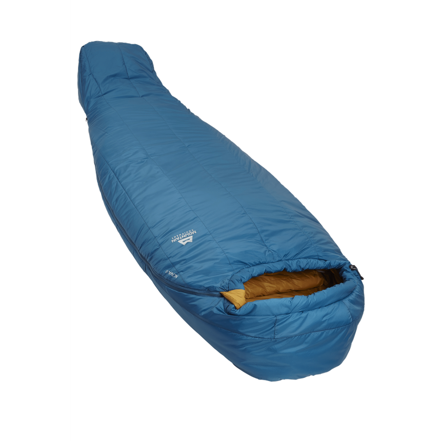 Mountain Equipment Nova III Women's Sleeping Bag in Ink/Pumpkin Spice - full length view showing spacious Mountain Fit and keystone shingle construction