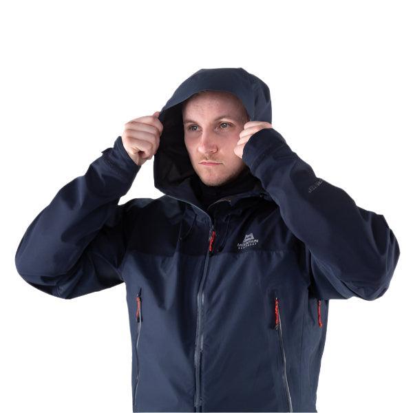 Fully adjustable helmet-compatible Mountain HC Hood detail on Mountain Equipment Saltoro GORE-TEX Men's Jacket in Blue Nights/Cosmos