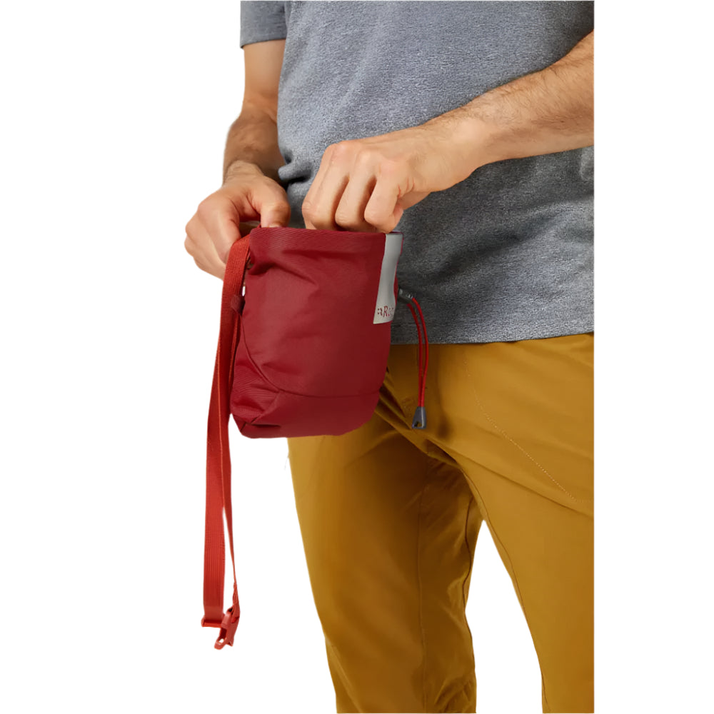 Rab Chalk Bag in Oxblood Red (Reference) - worn, opening detail